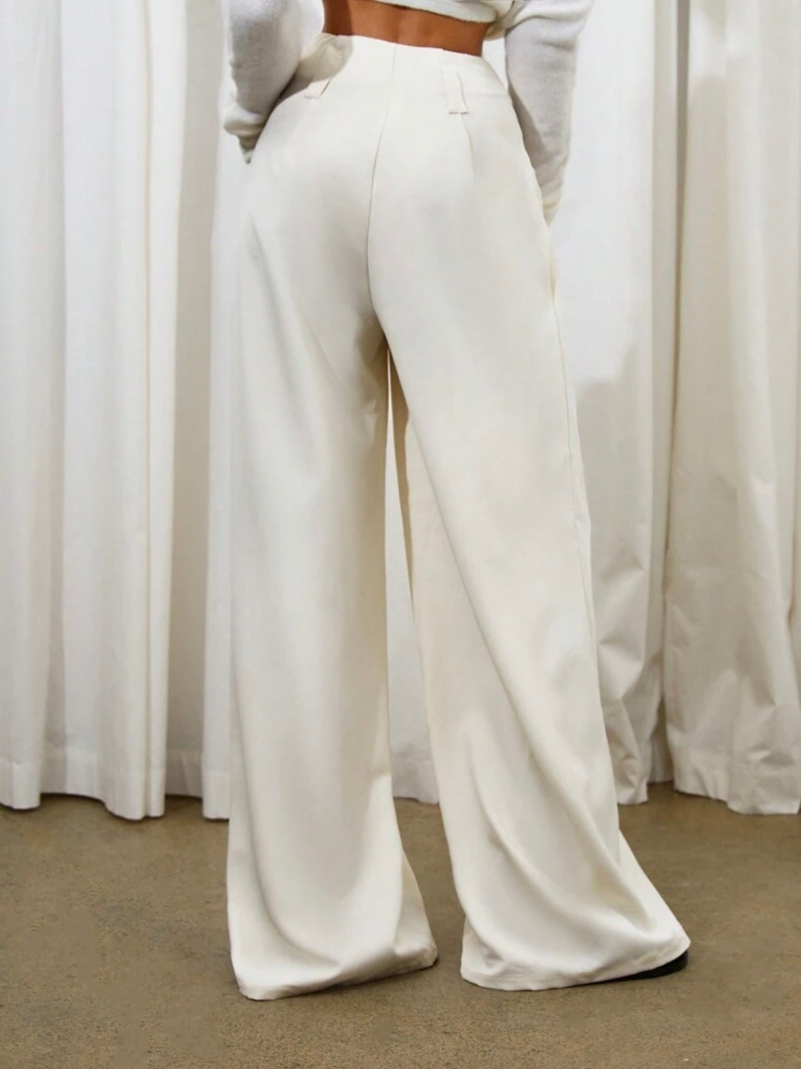 CM-BS738378 Women Trendy Bohemian Style Solid Color Pocket Extra Long Wide Leg Pants - Cream