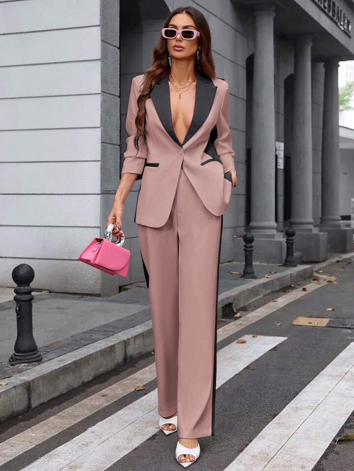 CM-SS924590 Women Elegant Seoul Style Contrast Color Lapel Neckline Long Sleeve Blazer With Suit Pants - Set