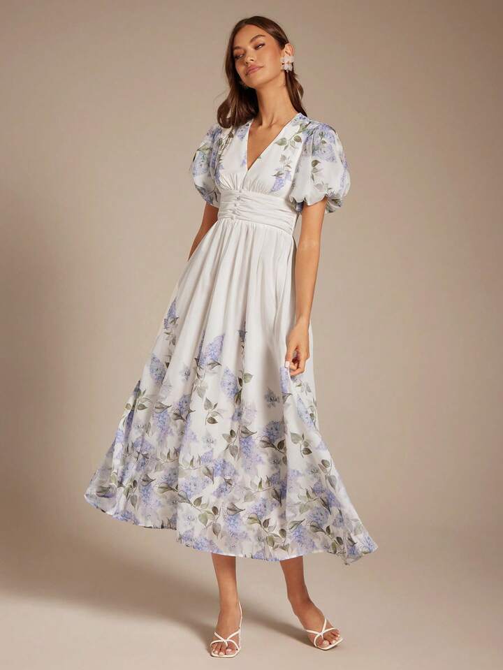 CM-DS779200 Women Elegant Seoul Style Tropical Lavander Print V-Neck Puff Sleeve Waist Cinched Maxi Dress