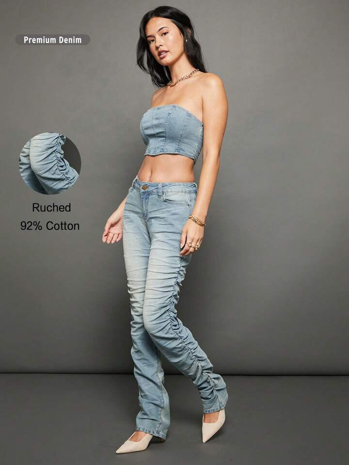 CM-BS318682 Women Casual Seoul Style Light Wash Drop Waist Stacked Straight Leg Jeans