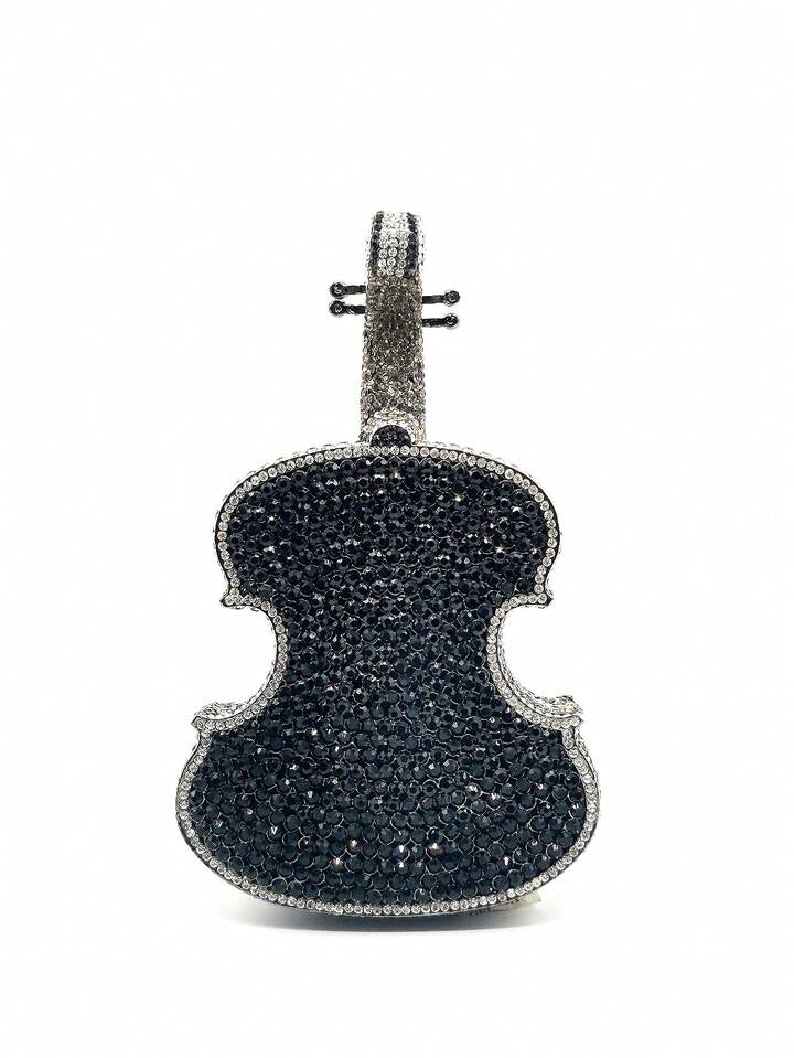 CM-BGS206420 Women Elegant Seoul Style Multicolor Crystal Violin Shape Cltuch Bag - Black