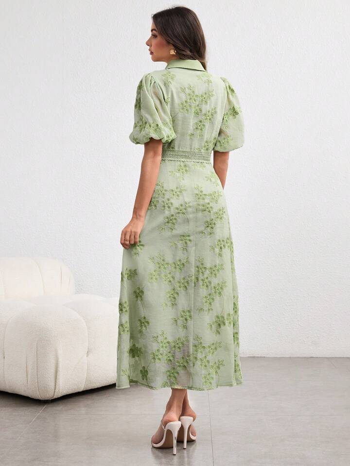 CM-DS301711 Women Elegant Seoul Style Turn-Down Collar Waist Banded Embroidered Long Dress - Green