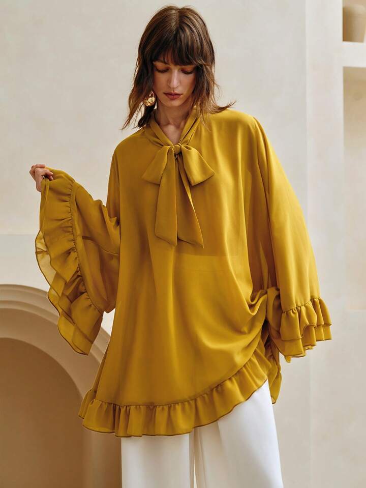 CM-TS466804 Women Elegant Seoul Style Chiffon Ruffle Hem V-Neck Bowknot Long Loose Blouse