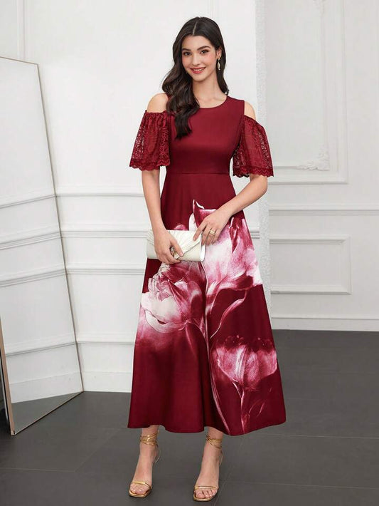 CM-DS943716 Women Elegant Seoul Style Asymmetrical Neck Floral Printed Off-Shoulder A-Line Dress
