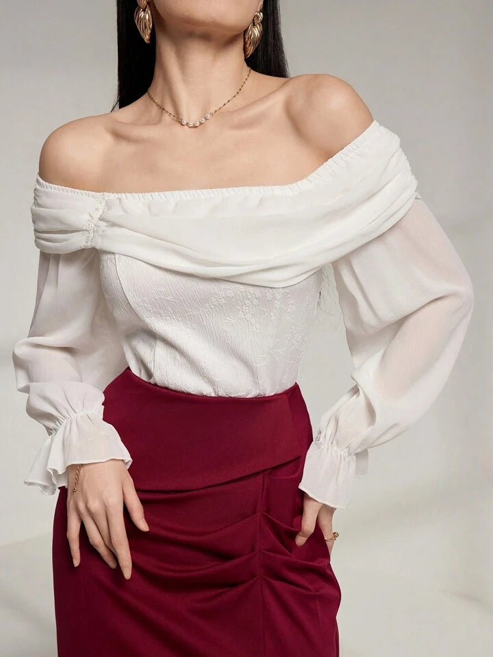 CM-TS677372 Women Elegant Seoul Style Off the Shoulder Flare Sleeve Chiffon Shirt - White