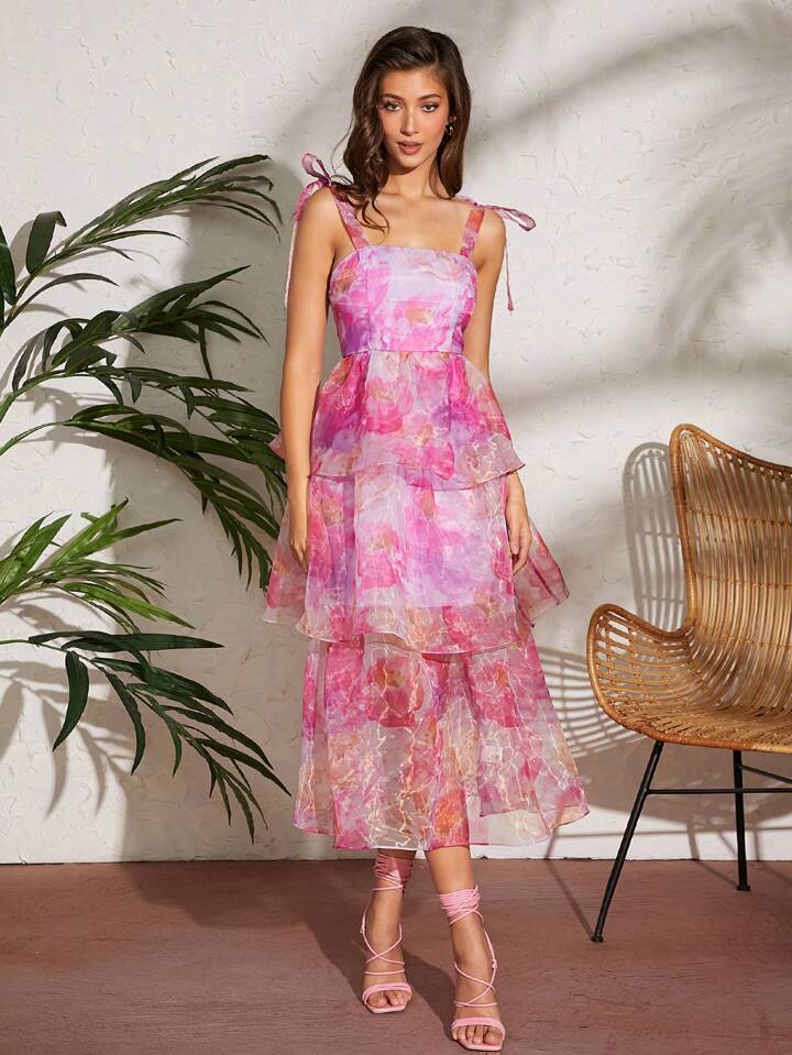 CM-DS700962 Women Elegant Seoul Style Floral Organza Tiered Tie Strap High Waist Dress