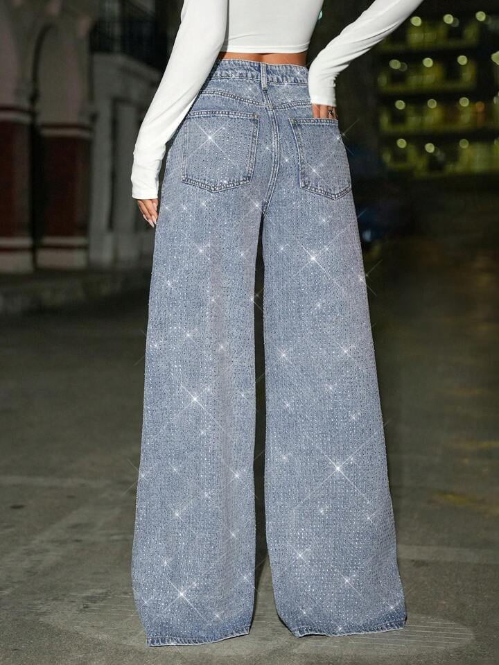 CM-BS174808 Women Casual Seoul Style Light Wash Front Button Pocket Low Waist Rhinestone Studded Jeans