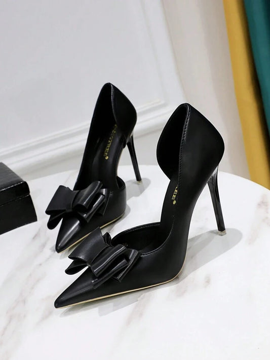 CM-SHS044958 Women Trendy Seoul Style Bow Detail Stiletto Heeled Court Pumps - Black