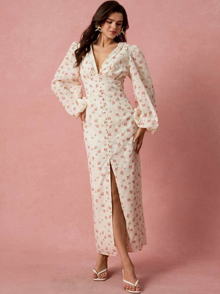CM-DS269695 Women Elegant Seoul Style Floral Print Hollow Embroidery V-Neck Lantern Sleeve High Slit Maxi Dress