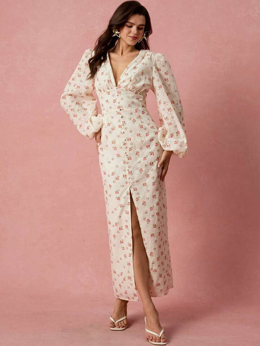 CM-DS269695 Women Elegant Seoul Style Floral Print Hollow Embroidery V-Neck Lantern Sleeve High Slit Maxi Dress