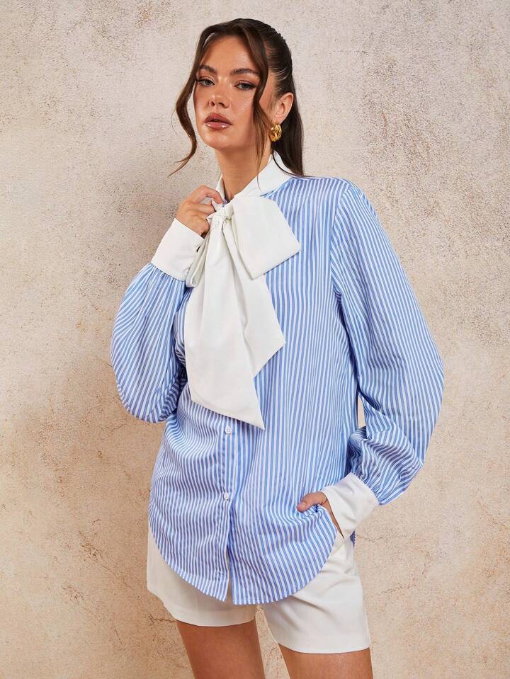 CM-TS300483 Women Elegant Seoul Style Striped Collar Tie Neck Long Sleeve Loose Blouse