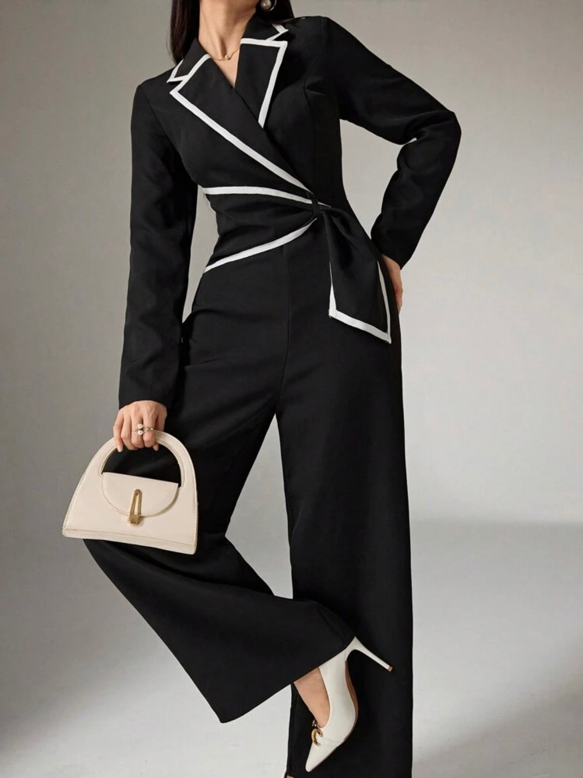 CM-JS132223 Women Elegant Seoul Style Collared Long Sleeve Cuffed Wide Leg Jumpsuit - Black