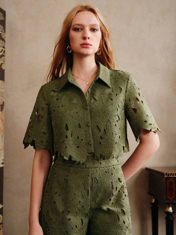 CM-SS464228 Women Trendy Bohemian Style Laser Cut Out Embroidered Short Sleeve Crop Top With Wide Leg Pants - Set