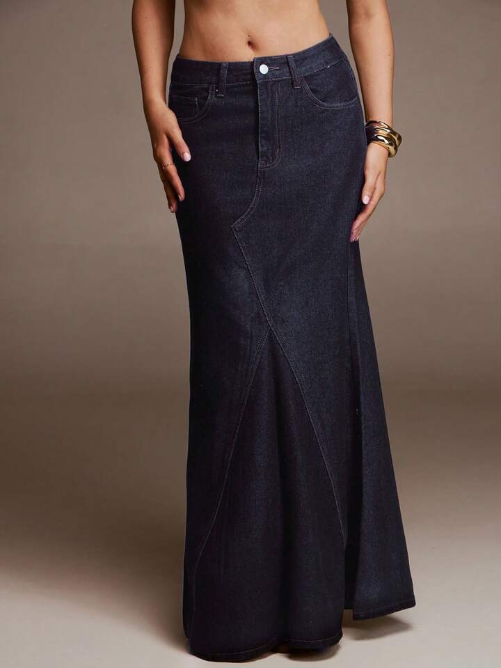 CM-BS368665 Women Casual Seoul Style Low Waist A-Line Fishtail Denim Skirt - Blue