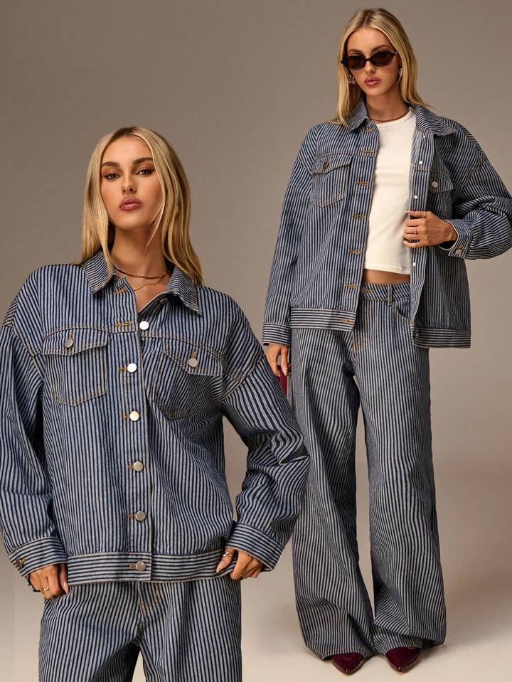 CM-CS757755 Women Casual Seoul Style Collar Neckline Long Sleeve Washed Striped Denim Jacket - Blue