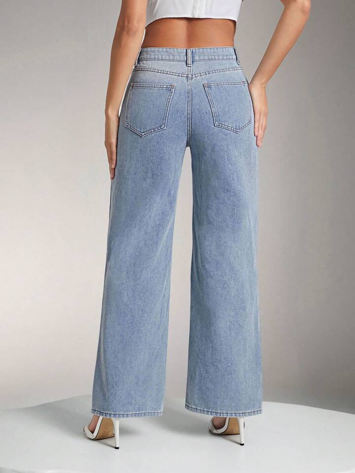 CM-BS343367 Women Casual Seoul Style Low Waist Distressed Pearl Accents Wide-Leg Jeans - Royal Blue