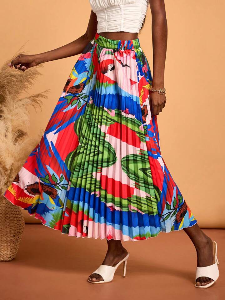 CM-BS871524 Women Trendy Bohemian Style High Waist Tropical Print Pleated Midi Skirt