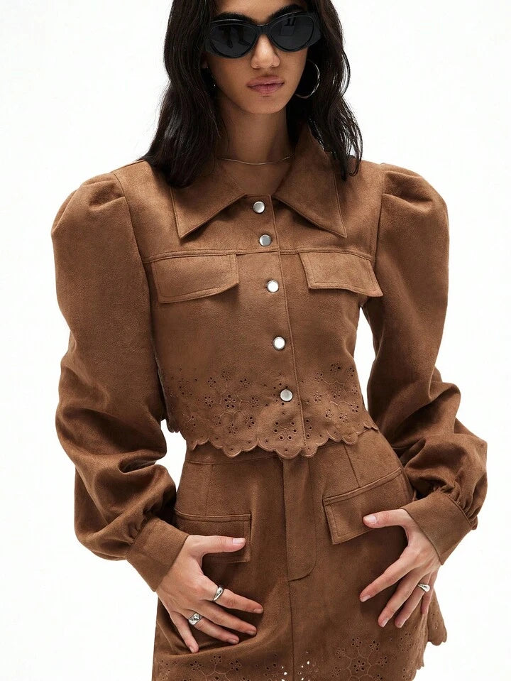 CM-SS666861 Women Elegant Seoul Style Floral Embroidery Faux Suede Puff Sleeve Cargo Jacket With Skirt - Set