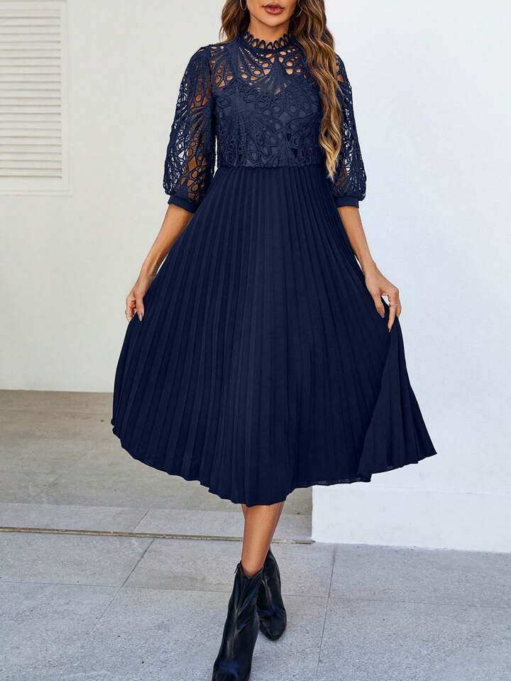 CM-DS034476 Women Trendy Bohemian Style Patchwork Corded Lace Pleated Hem Dress - Navy Blue
