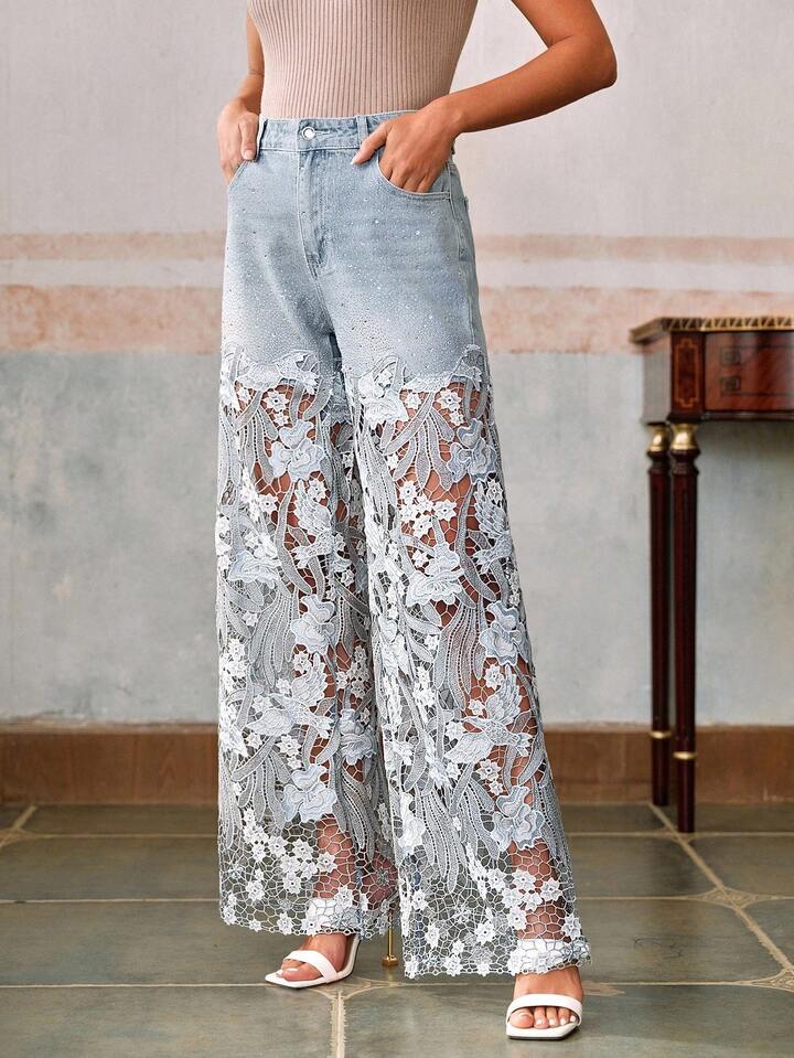 CM-BS170119 Women Elegant Seoul Style Mid Waist Lace Rhinestone Straight Leg Pants - Blue