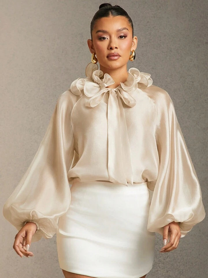 CM-TS757854 Women Elegant Seoul Style Solid Color Ruffle Trim Tie Neck Lantern Sleeve Blouse - Apricot