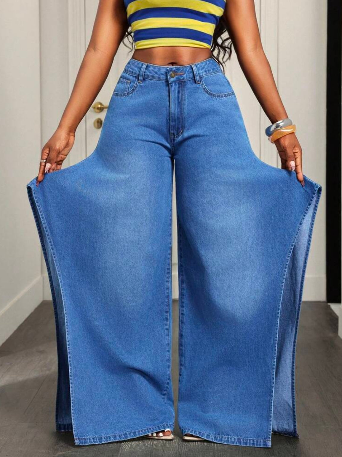 CM-BS843650 Women Casual Seoul Style Split Mid Waist Split Thigh Straight Leg Denim Jeans - Blue
