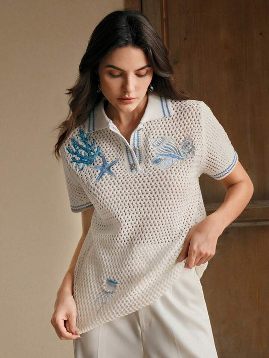 CM-TS954610 Women Casual Seoul Style Starfish Embroidery Seashell Polo Neckline Short Sleeve Knit Top
