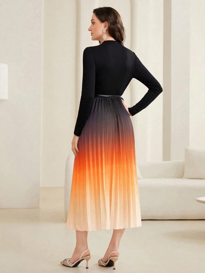 CM-DS739929 Women Elegant Seoul Style Stand Collar Gradient Ruffle Hem Midi Dress
