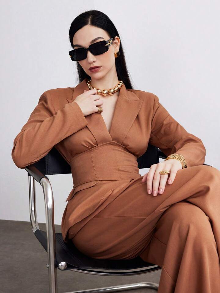 CM-SS265938 Women Elegant Seoul Style Shawl Collar Blazer Suit With Waist Band Long Pants - Set