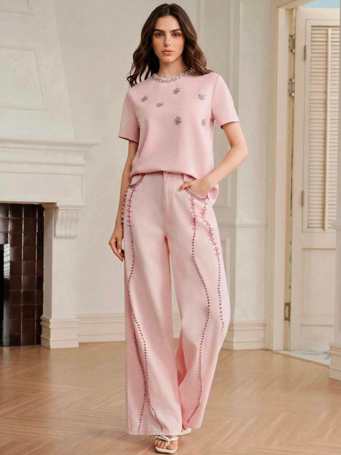 CM-BS535860 Women Elegant Seoul Style Mid Waist Beaded Rhinestone Straight Leg Jeans - Pink