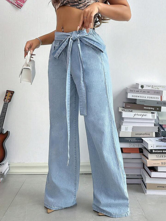 CM-BS238653 Women Casual Seoul Style Strap Straight-Leg Loose Fit Denim Jeans - Blue
