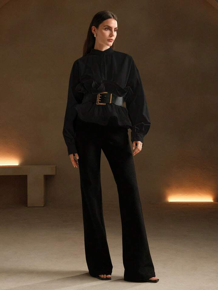 CM-TS065109 Women Elegant Seoul Style Waisted Multilayer Ruffle Hem Loose Blouse - Black