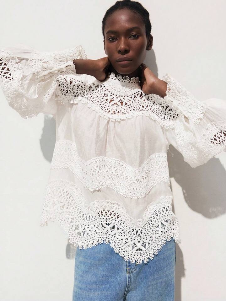 CM-TS762455 Women Trendy Bohemian Style Solid Color Stand Collar Flare Sleeve Lace Patchwork Blouse Top - White
