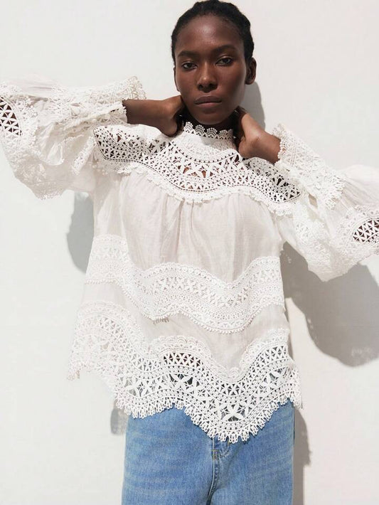CM-TS762455 Women Trendy Bohemian Style Solid Color Stand Collar Flare Sleeve Lace Patchwork Blouse Top - White