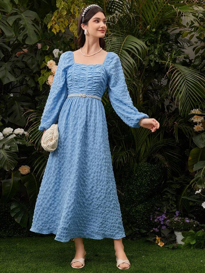 CM-DS041762 Women Elegant Seoul Style Square Neck Lantern Sleeve Dress - Blue