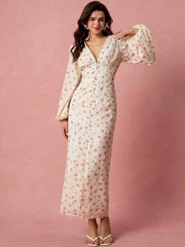 CM-DS269695 Women Elegant Seoul Style Floral Print Hollow Embroidery V-Neck Lantern Sleeve High Slit Maxi Dress