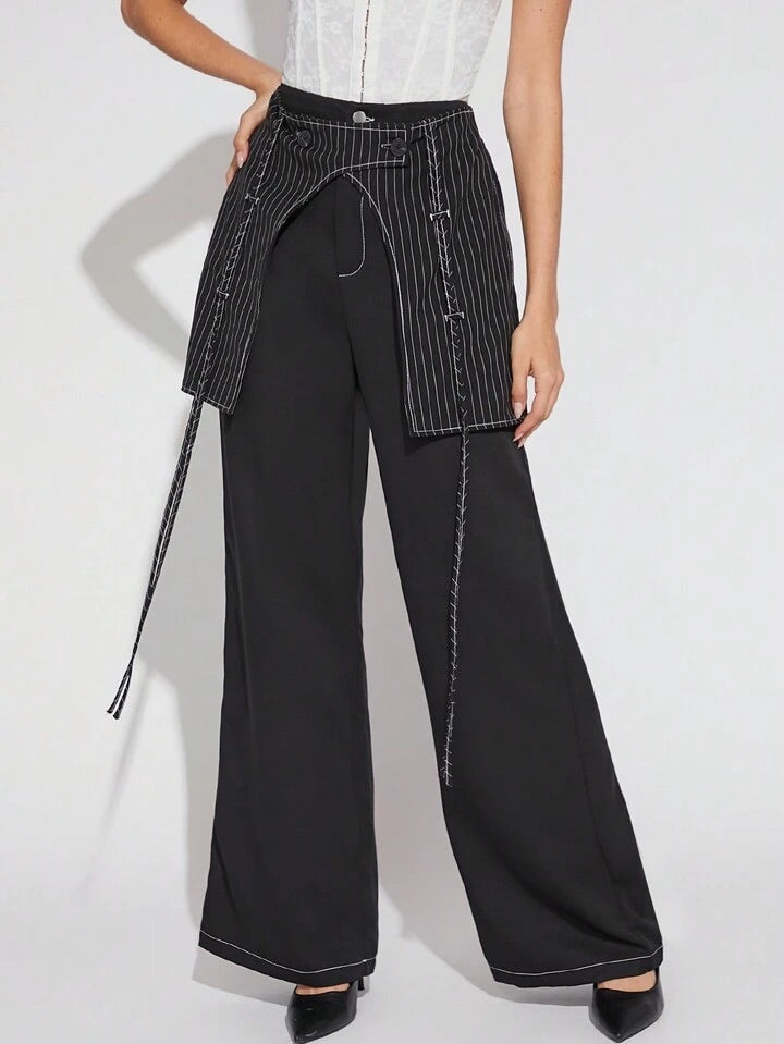 CM-BS520244 Women Casual Seoul Style Pinstripe Overlay Wide Leg Pants - Black