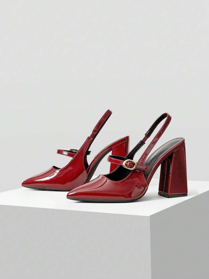 CM-SHS693377 Women Trendy Seoul Style Pointed Toe Buckle Design High Heels - Burgundy