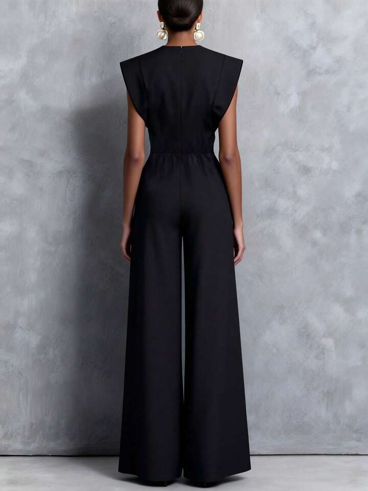 CM-JS170822 Women Elegant Seoul Style Notched Neckline Sleeveless Front Button Zipper Pocket Jumpsuit - Black