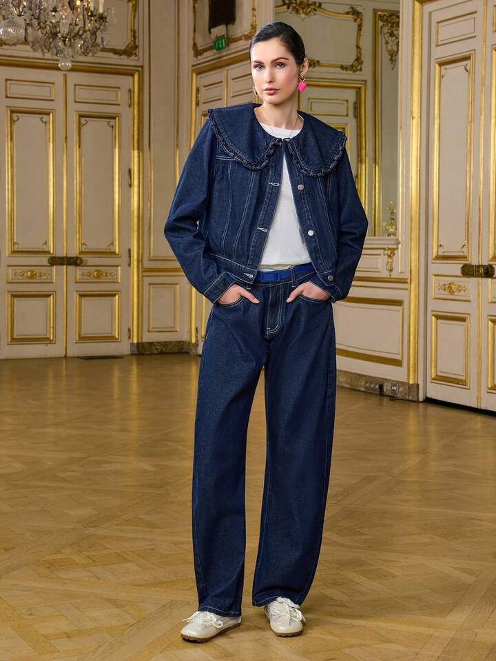 CM-CS053813 Women Casual Seoul Style Lapel Frill Trim Long Sleeve Loose Denim Jacket - Blue