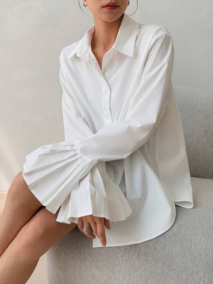 CM-TS094349 Women Casual Seoul Style Collar Neckline Asymmetrical Ruffled Cuffs Shirt - White