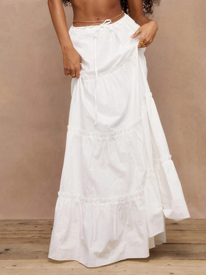 CM-BS298196 Women Trendy Bohemian Style Tiered Floaty Tie Waist Maxi Skirt - White