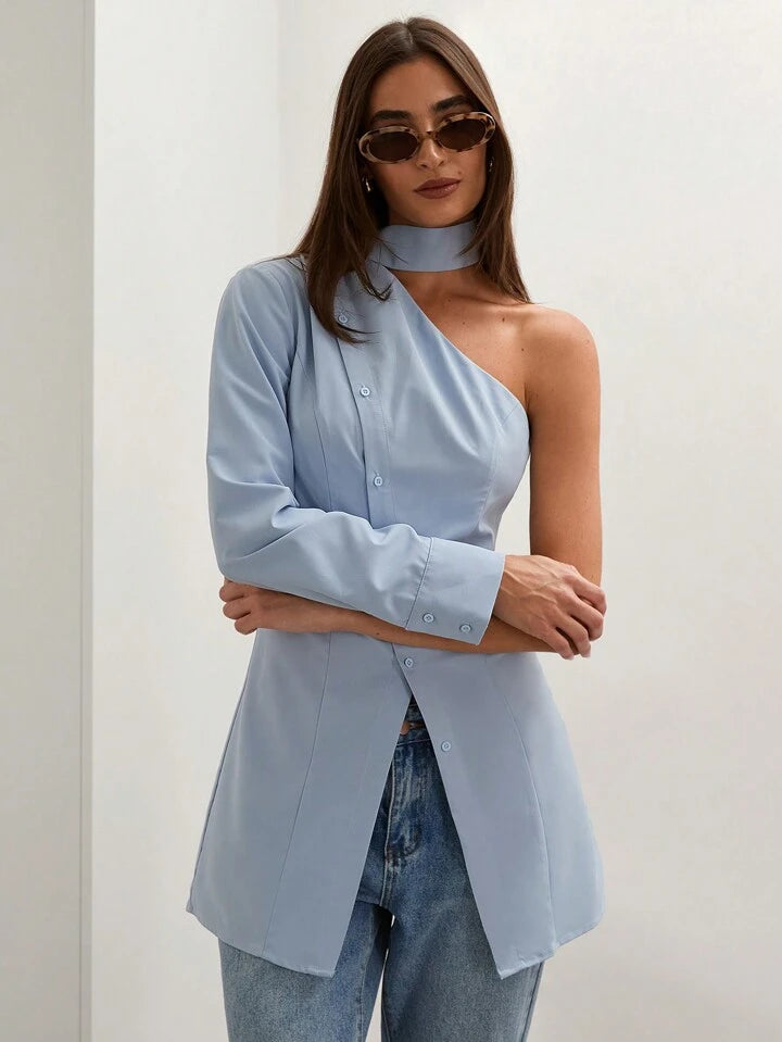 CM-TS864404 Women Casual Seoul Style Asymmetric Collar One Shoulder Long Sleeve Blouse - Baby Blue