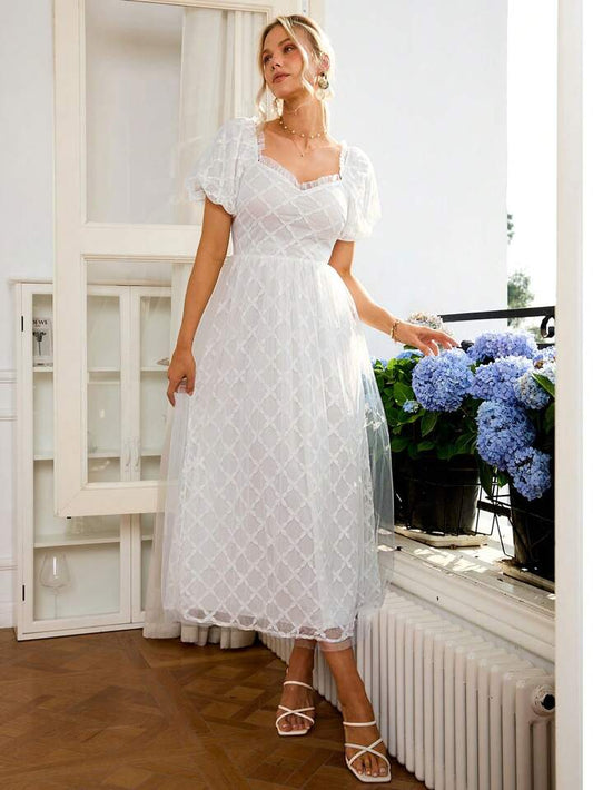 CM-DS057651 Women Elegant Seoul Style Sweetheart Neckline Puff Sleeve Mesh Tulle Dress - White