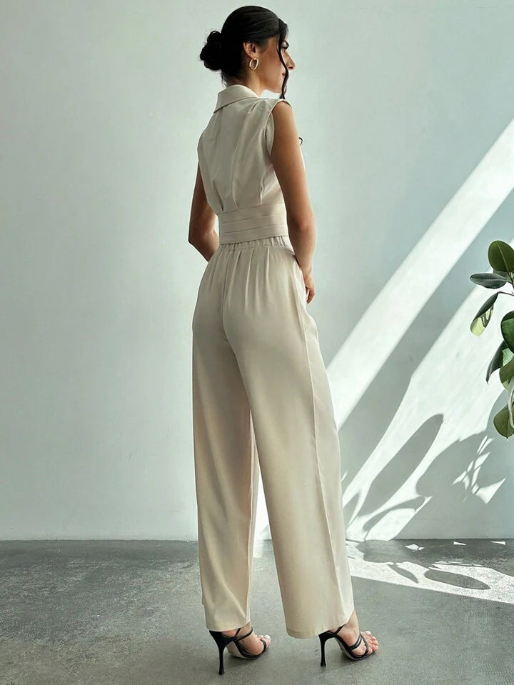 CM-SS196426 Women Elegant Seoul Style Collared Fitted Cap Sleeve Shirt With Straight-Leg Pants Suit - Apricot