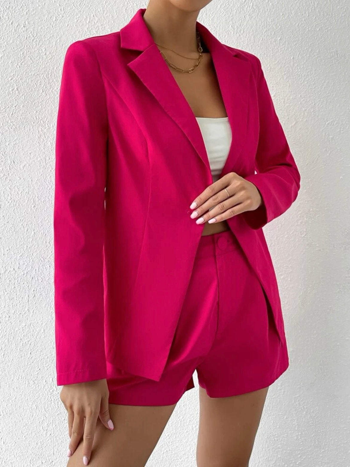 CM-SS128304 Women Elegant Seoul Style Lapel Neck Single Button Blazer With Shorts - Hot Pink