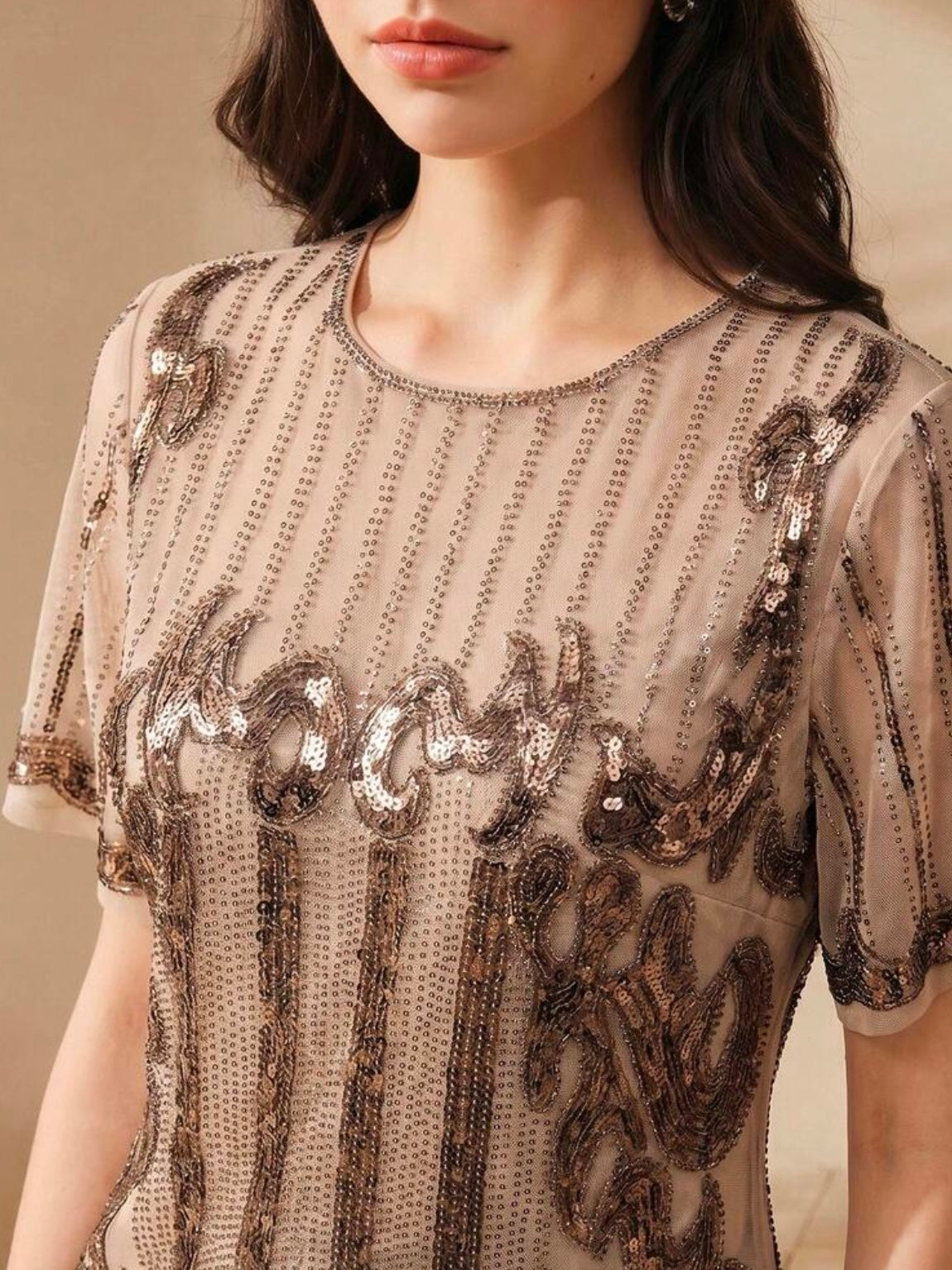 CM-TS017299 Women Elegant Seoul Style Round Neck Short Sleeve Contrast Sequin Patchwork Top - Apricot