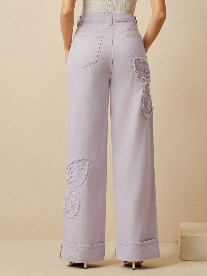 CM-BS337353 Women Casual Seoul Style Mid Waist Embroidered Straight Leg Jeans - Purple