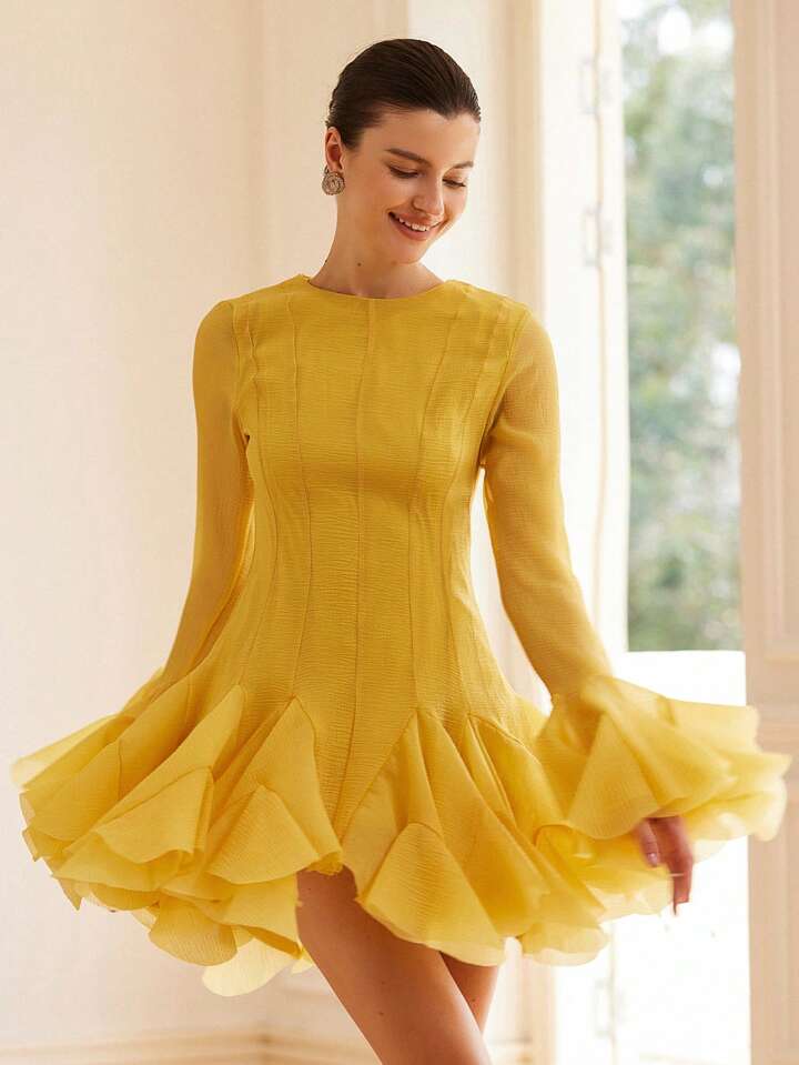 CM-DS291392 Women Elegant Seoul Style High-End Frilled Hem Flared Sleeve Short Dress - Yellow