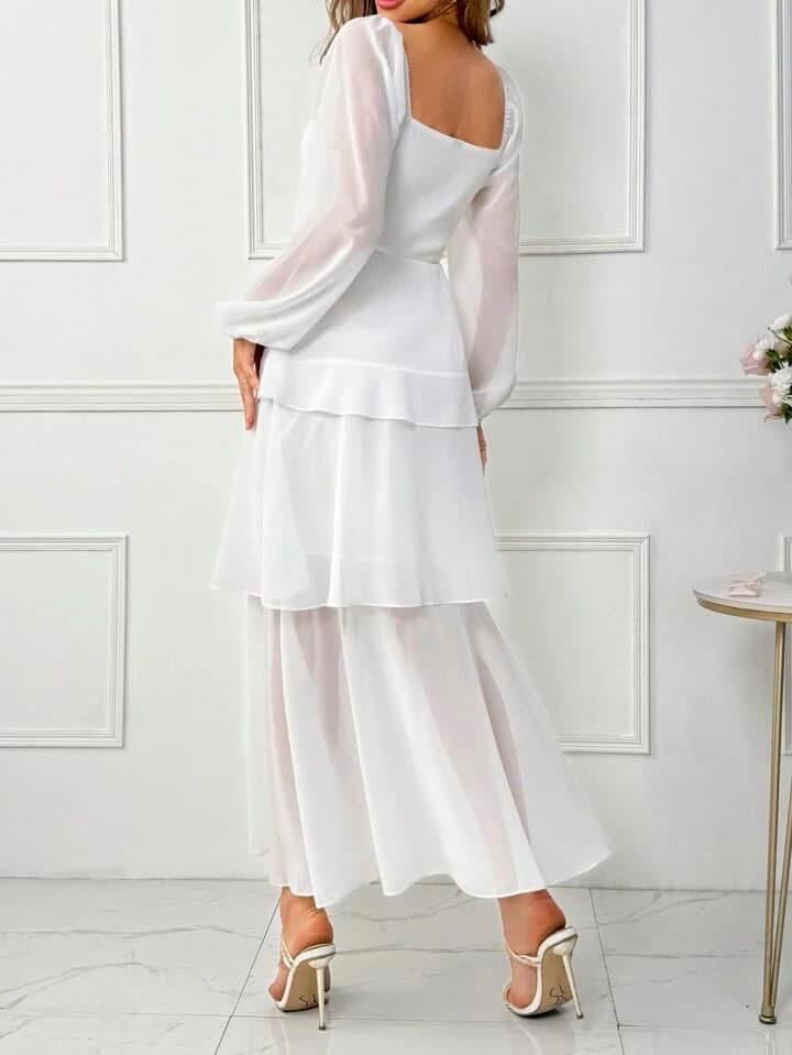 CM-DS422360 Women Elegant Seoul Style Ruffle Hem Mesh Splicing Lantern Sleeve Dress - White